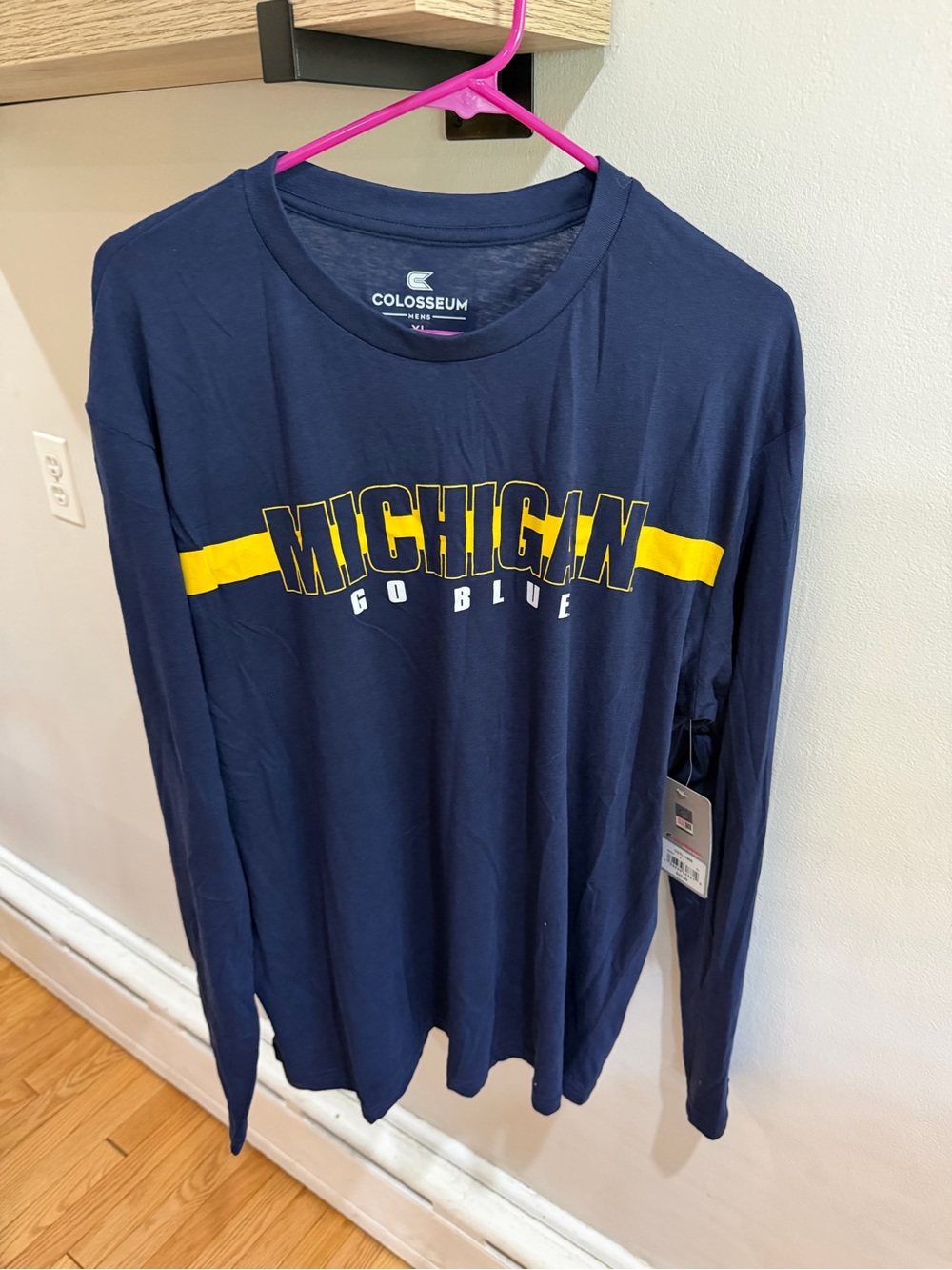 Colosseum Men's Navy Long Sleeve 'Michigan Go Blue' Tee with Yellow Stripe